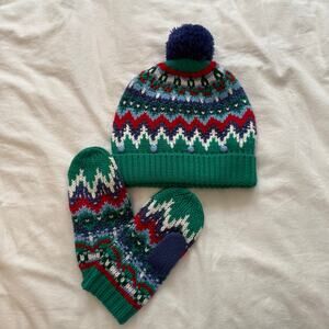 Mini Boden Green Icelandic Knit Gender Neutral Hat & Mittens Size 5-6Y